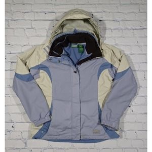 LL Bean Womens S Nylon Blue Cream 3 in 1 Hooded‎ Jacket Parka Removable Liner